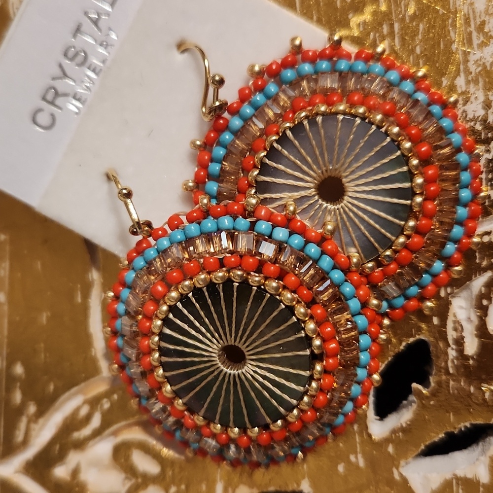 Circular Imported Rice Bead and Crystal Drop Earrings - Picture 2 of 6